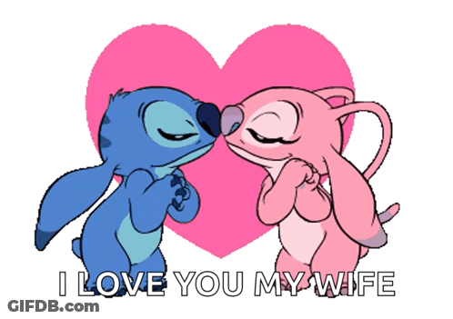 Stitch And Angel Kissing In Front Of A Pink Heart With The Words I Love You My Wife GIF