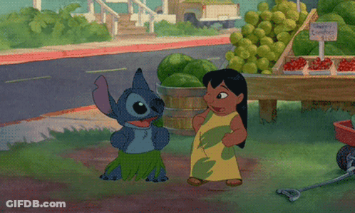 Stitch And Girl Dancing At Fruit Stand GIF