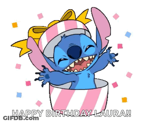 Stitch Coming Out Of Gift Box Happy Birthday Laura GIF