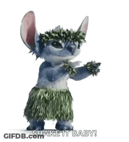 Stitch From Disney 'S Lilo And Stitch Is Wearing A Hula Skirt And Wreath . GIF
