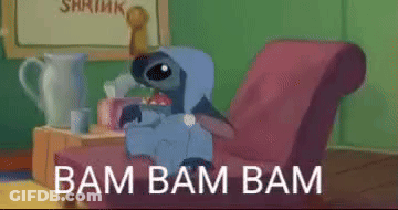 Stitch In Chair Saying Bam Bam Bam GIF