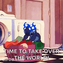 Stitch In Laundry Basket With Washer And Dryer GIF