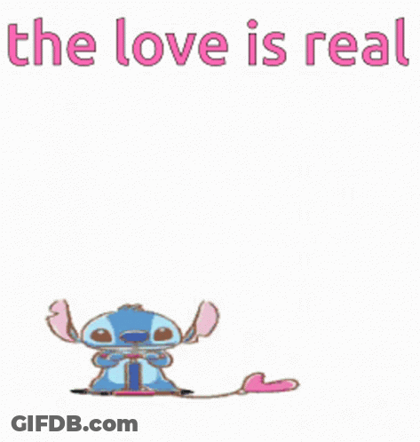 Stitch Is Holding A Pink Heart Shaped Balloon With The Words " The Love Is Real " GIF