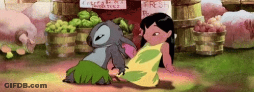 Stitch Is Standing Next To A Girl In A Yellow Dress In Front Of A Fruit Stand . GIF