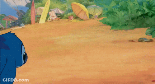 Stitch On Beach With Surfboards And Umbrellas GIF