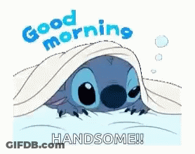 Stitch Peeking From Under Blanket Saying Good Morning Handsome GIF
