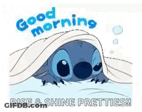 Stitch Peeking Out From Blanket Saying Good Morning GIF