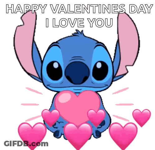 Stitch Saying Happy Valentine's Day With Pink Hearts GIF