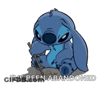 Stitch Sitting Holding Stick Saying I've Been Abandoned GIF