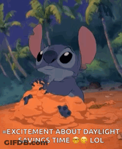 Stitch Sitting In Dirt Excited For Daylight Savings Lol GIF