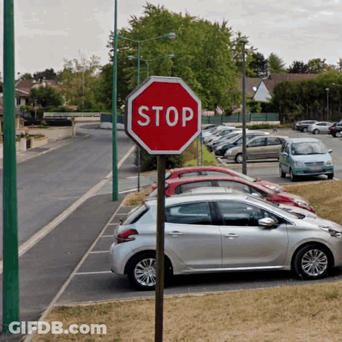 Stop Sign In Parking Lot With Cars GIF
