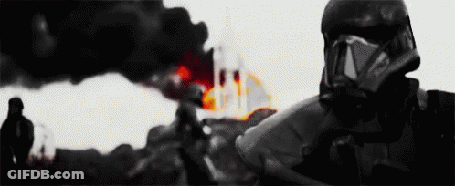 Storm Trooper In Front Of Burning Building Black And White GIF