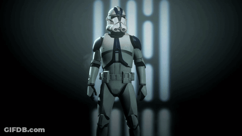 Storm Trooper In Front Of Wall Of Lightsabers GIF