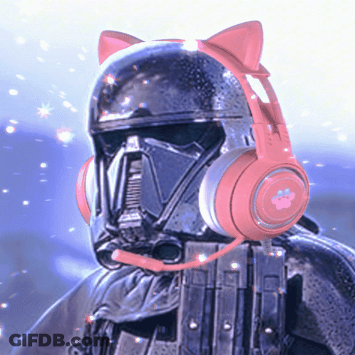 Storm Trooper Wearing Pink Paw Print Headphones GIF