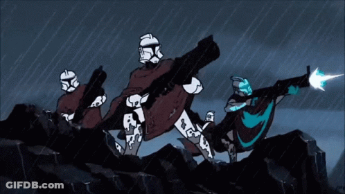Stormtroopers Standing On Rock In Rain Holding Guns GIF