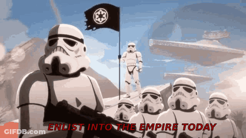 Stormtroopers Standing With Enlist Into The Empire Today Flag GIF