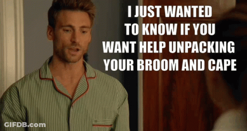 Striped Pajamas Man Asks Help Unpack Broom Cape GIF