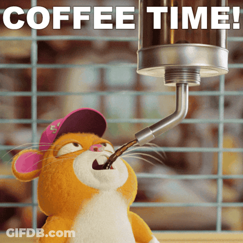 Stuffed Animal Drinking From Coffee Dispenser Saying Coffee Time GIF