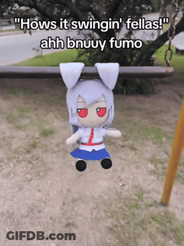 Stuffed Animal Hanging From Swing Hows It Swingin Fellas GIF
