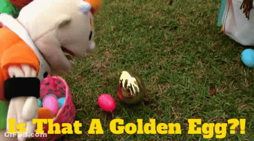 Stuffed Animal Holding Basket Of Easter Eggs Saying Is That A Golden Egg GIF