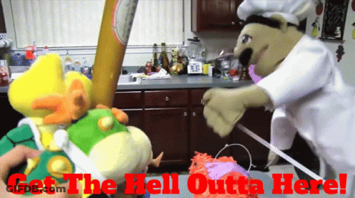 Stuffed Animal Holding Bat Saying Get The Hell Outta Here GIF