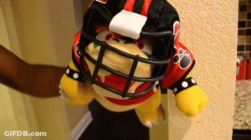 Stuffed Animal In Football Helmet And Red And Black Jersey With Letter D GIF