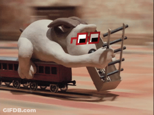 Stuffed Animal In Red Glasses Pushing Toy Train GIF