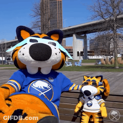 Stuffed Animal In Sabres Jersey Next To Smaller Stuffed Animal GIF
