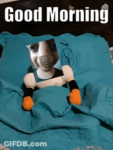 Stuffed Animal Laying On Bed With Woman Picture Good Morning GIF