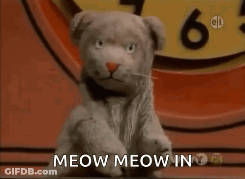 Stuffed Animal Saying Meow Meow In Front Of Clock GIF