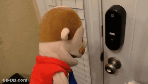 Stuffed Animal Standing In Front Of Door With Keypad GIF