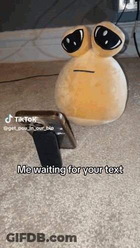 Stuffed Animal With Big Eyes Beside Phone GIF