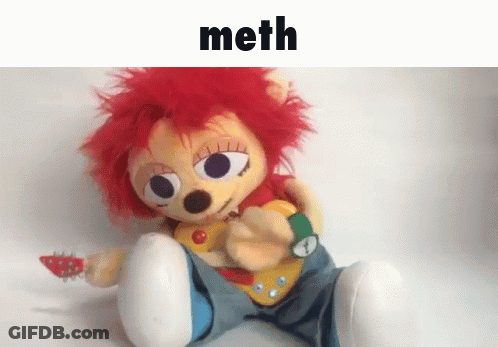 Stuffed Animal With Red Hair Holding Guitar And Watch Saying Meth GIF
