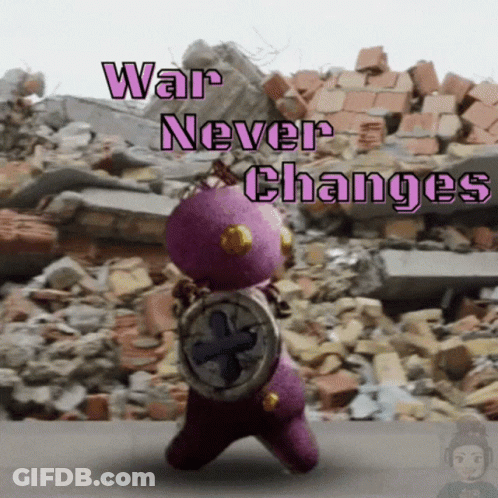 Stuffed Animal With Shield Says War Never Changes GIF