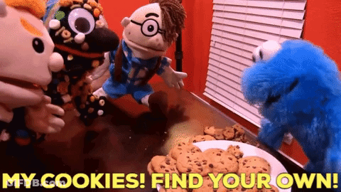 Stuffed Animals Around Cookies Saying My Cookies Find Your Own GIF