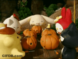 Stuffed Animals Around Pumpkins GIF