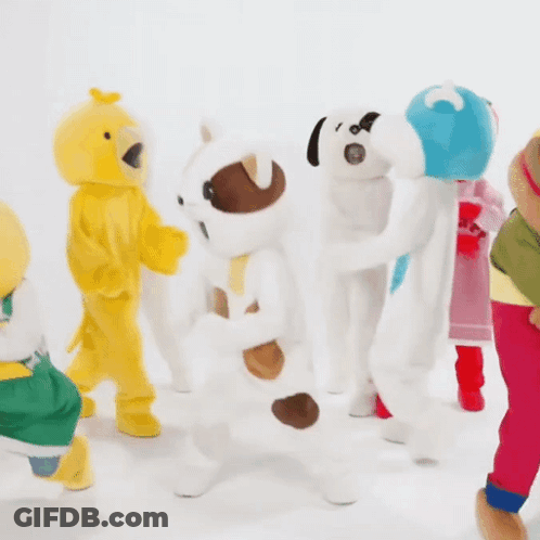 Stuffed Animals Group One Wearing Mear Shirt GIF
