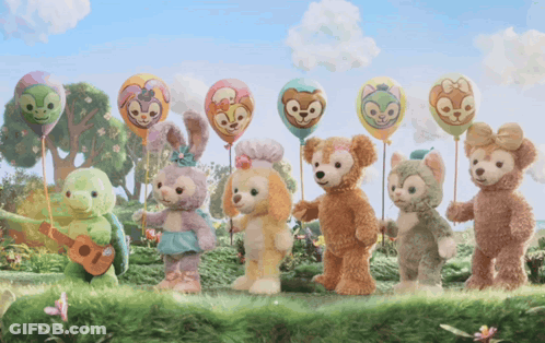 Stuffed Animals Holding Disney Balloons GIF
