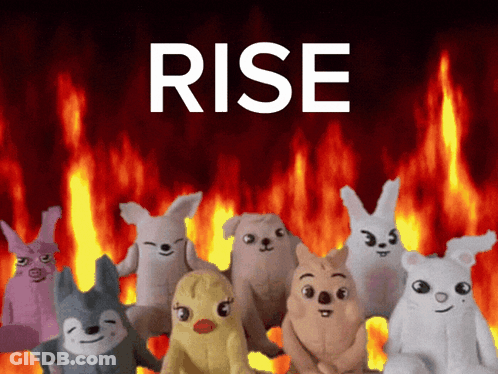 Stuffed Animals In Front Of Fire With Rise GIF