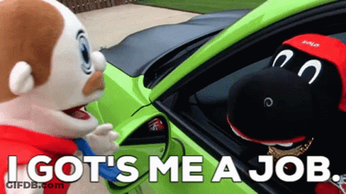 Stuffed Animals In Front Of Green Car Saying I Got Me A Job GIF
