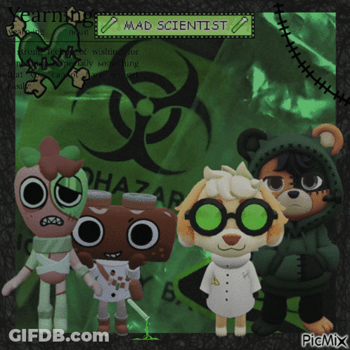 Stuffed Animals In Front Of Mad Scientist Bag GIF