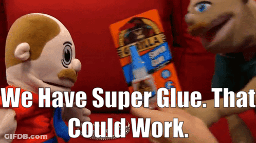 Stuffed Animals Next To Super Glue GIF