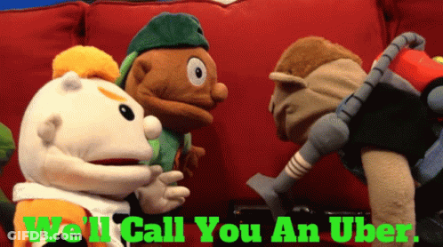 Stuffed Animals On Couch Saying Uber GIF