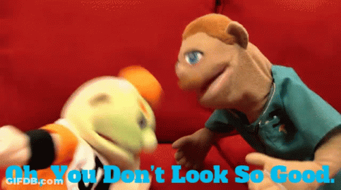 Stuffed Animals On Couch Saying You Don't Look Good GIF