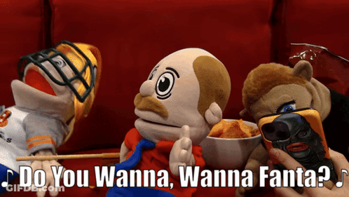 Stuffed Animals On Red Couch Saying Do You Wanna Wanna Fanta GIF