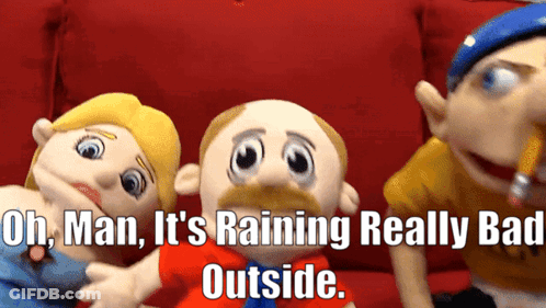 Stuffed Animals On Red Couch Saying Oh Man It's Raining GIF