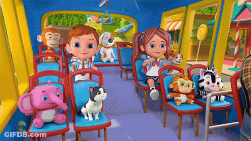 Stuffed Animals Sitting In A Bus GIF