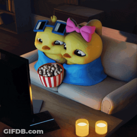 Stuffed Animals Sitting On Couch With Popcorn GIF