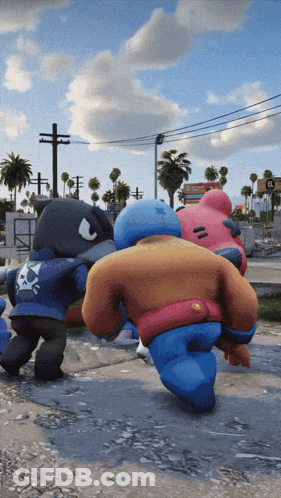 Stuffed Animals Standing On Street GIF