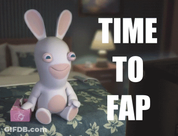 Stuffed Bunny Sitting On Bed Saying Time To Fap GIF